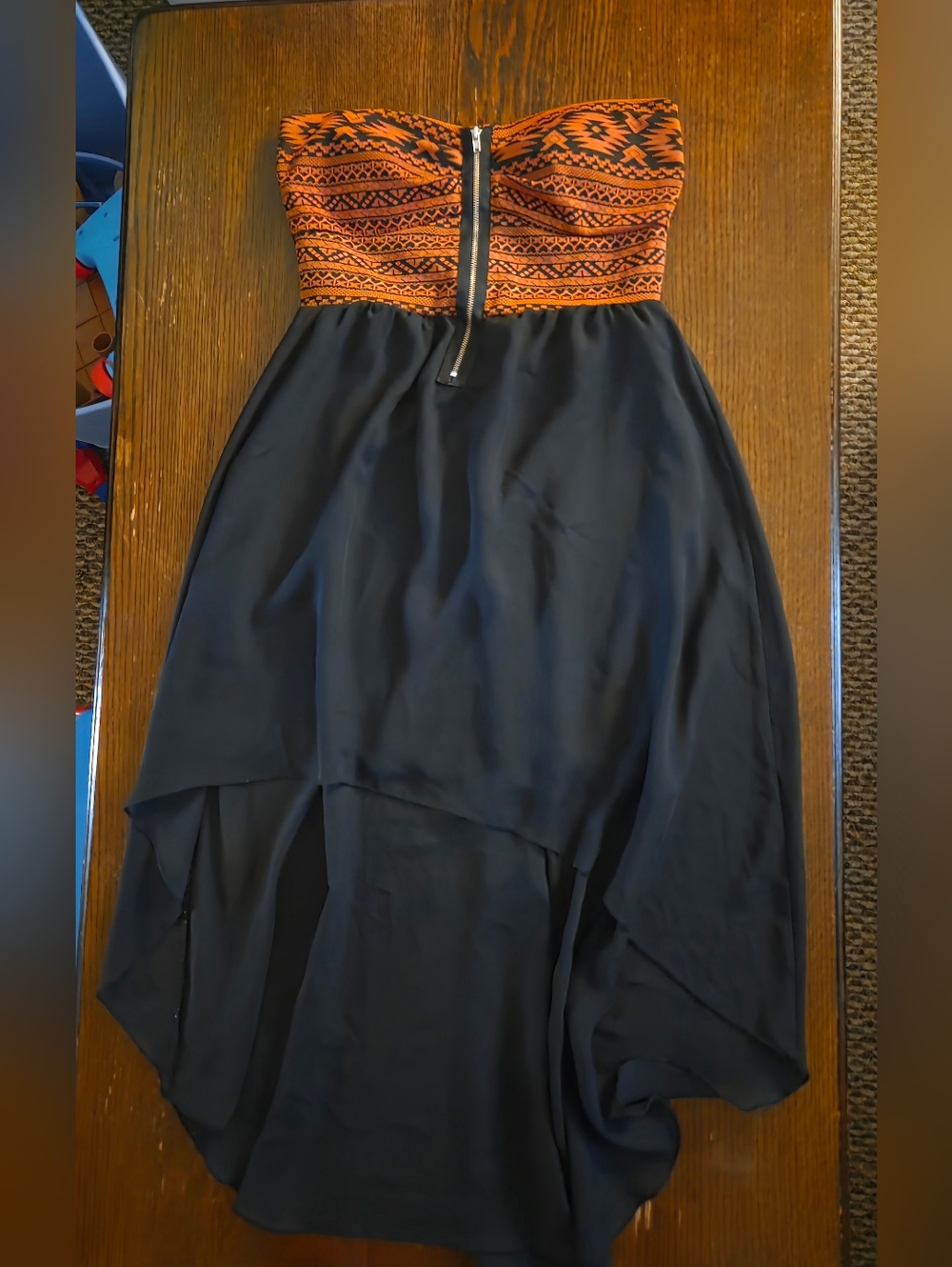 January 7 Strapless Orange Aztec Bust Black High-Low Dress